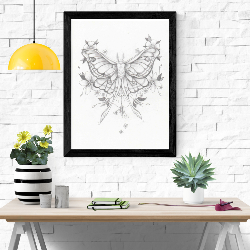 Framed pencil drawing of a moon moth with yellow light and flower pots.